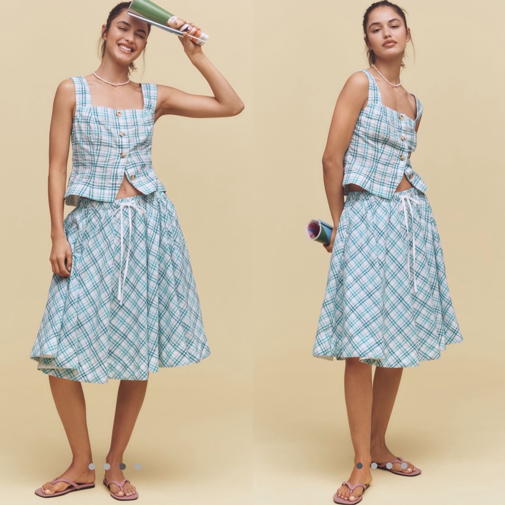 2 pieces Maeve Square neck button front top+Drawstring A line cotton midi skirt